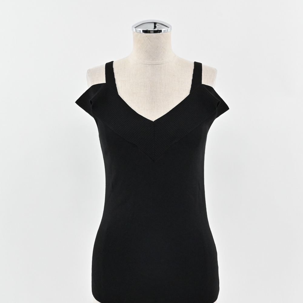 BOSTON PROPER Sweater Womens Size M Solid Black Cold Shoulder Knit VNeck Top